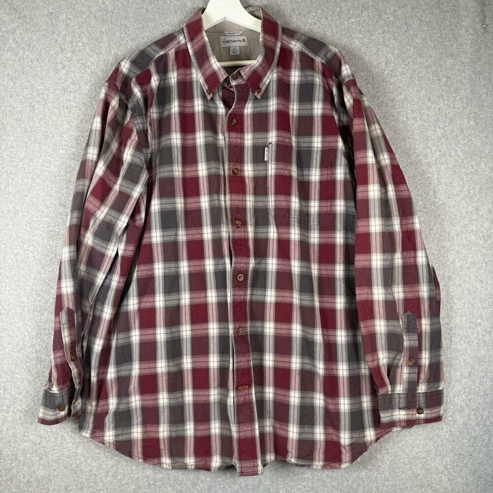 Carhartt Mens 2XL Relaxed Button Front Long Sleeve Shirt Red Plaid 100% Cotton